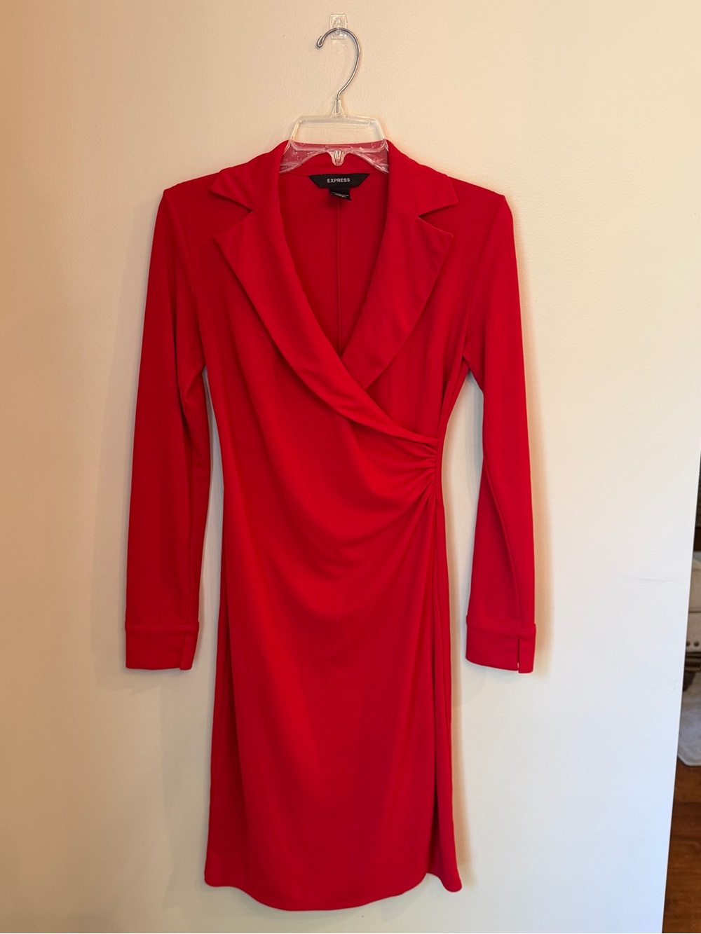 Express Red Long-Sleeve Wrap Dress with Notch Collar